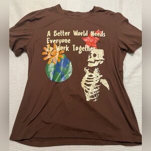 SHEIN Brown Tee with Skeleton and Earth Graphic